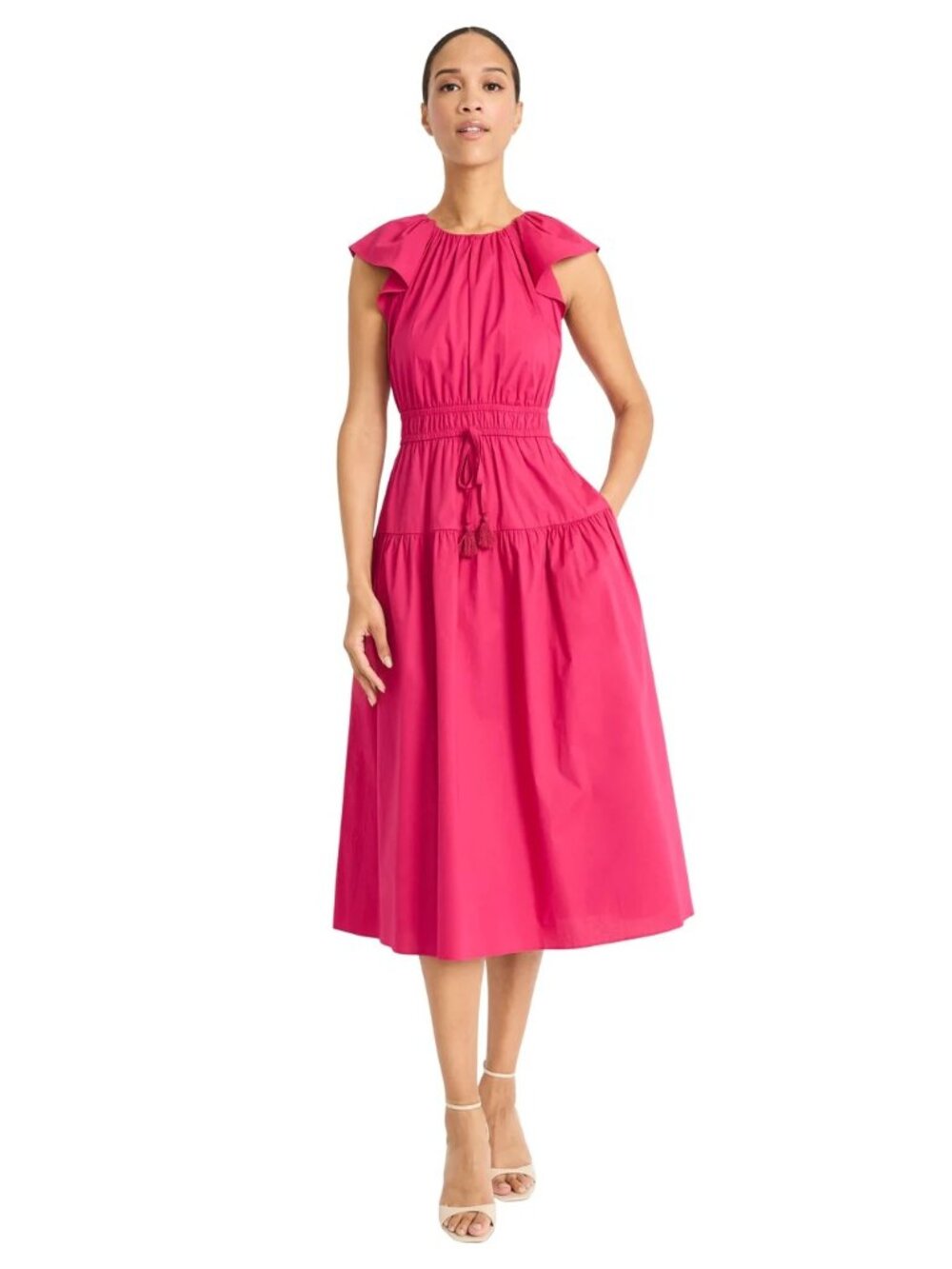 Maggy London Womens Berry Midi Dress With Ruffle Sleeves Drawstring Waist And Ke
